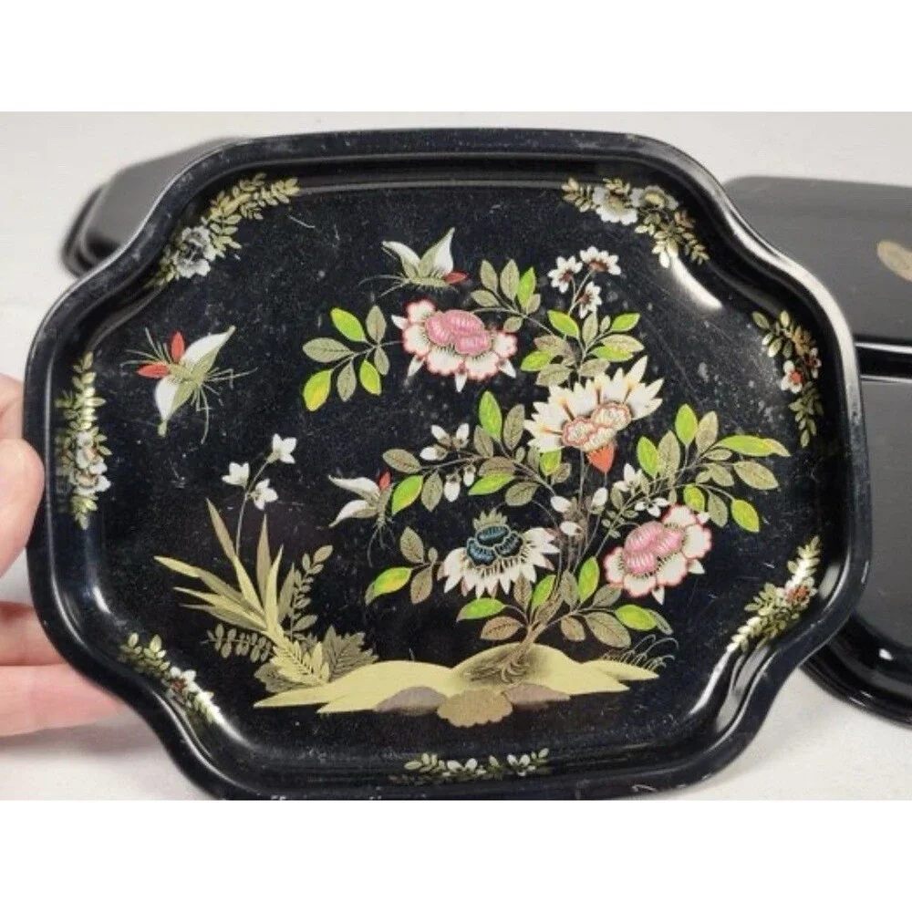 Vintage Elite England Chinoiserie Black Tin Toleware Snack Trays Set of 4